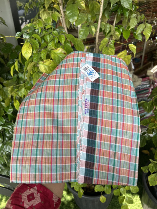 Kerala Handloom - Signature Kaitharikada - Government Sealed Hallmarked - 100% Pure Cotton - 2/60X40s Twisted Thread - Handloom Single Mundu/Dhoti - Green & Dark Pink Check Body  - Above 2 mtr - 52 KK8046 KAL