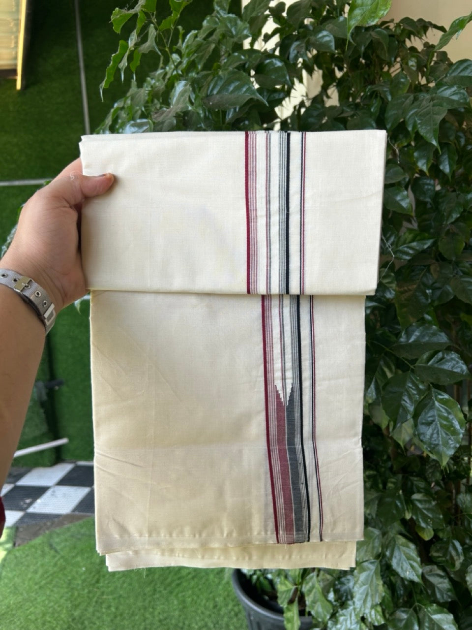 ADMK VESHTI 20% Discount !! KaithariKada Balaramapuram Double Off white - (Unbleached) Mundu/Dhoti - 100X100 - 1.5 inch Puliyilakkara Maroon & Black Striped Chutty Kara - Big Size Dhoti - 1 KK5288 ASH