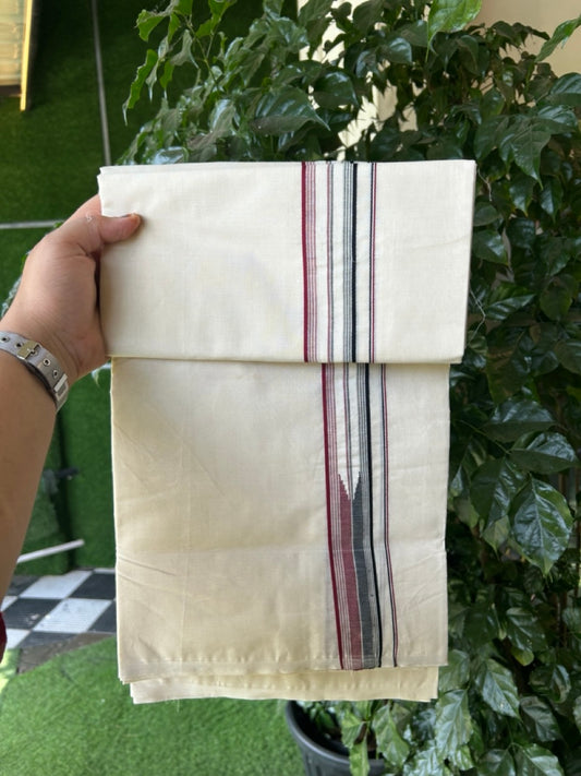 ADMK VESHTI 20% Discount !! KaithariKada Balaramapuram Double Off white - (Unbleached) Mundu/Dhoti - 100X100 - 1.5 inch Puliyilakkara Maroon & Black Striped Chutty Kara - Big Size Dhoti - 1 KK5288 ASH