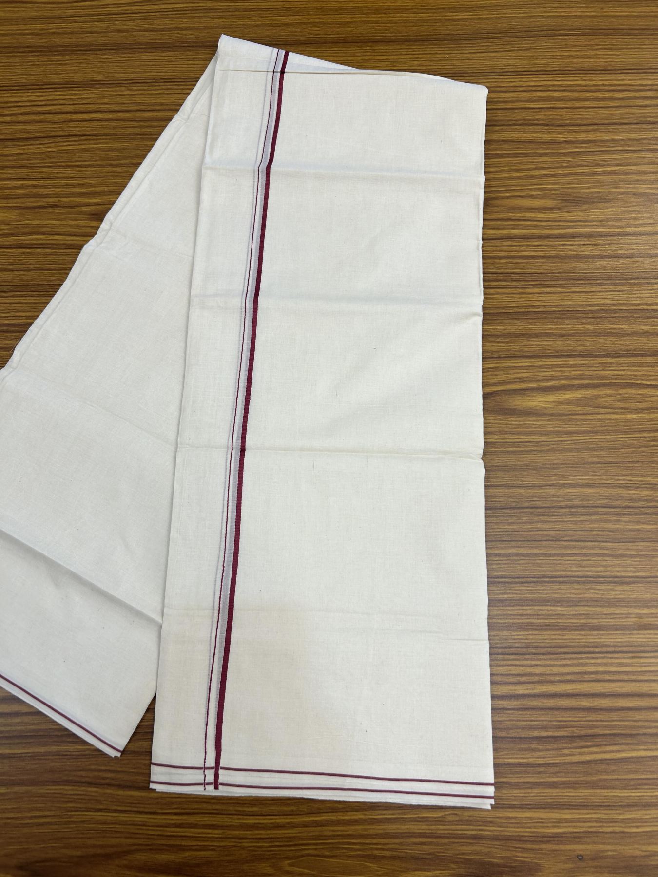 20% Discount! KaithariKada Balaramapuram 100% Cotton Double Off white - (Unbleached) - Mundu/Dhoti - 100x80 - 0.3 cm Maroon Pink Thin Kara 4 mtr (8.5 muzham) - 30 KK5357 VAS