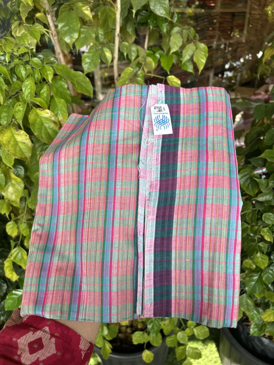 Kerala Handloom - Signature Kaitharikada - Government Sealed Hallmarked - 100% Pure Cotton - 2/60X40s Twisted Thread - Handloom Single Mundu/Dhoti - Dark Pink & Green Check Body  - 2.42 mtr - 57 KK8046 KAL