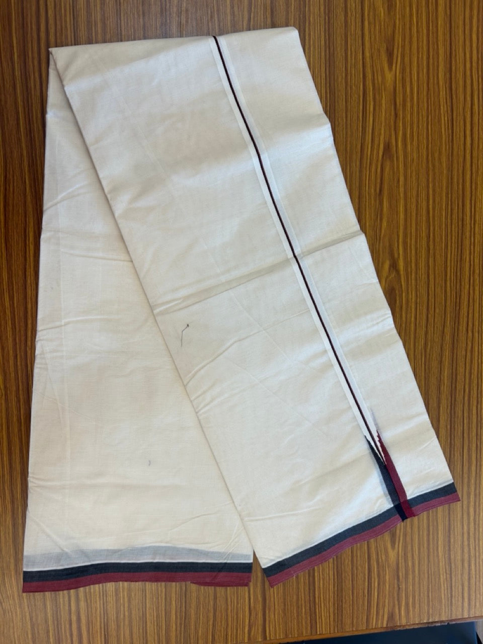 DMK Veshti - 20% DISCOUNT! KaithariKada 100% Cotton off white Double - (Unbleached) Mundu/Dhoti - 100X100 - 2 cm Puliyilakkara Black & Maroon chutty 4.50 mtr (10 muzham)- 3 KK5288 ASH