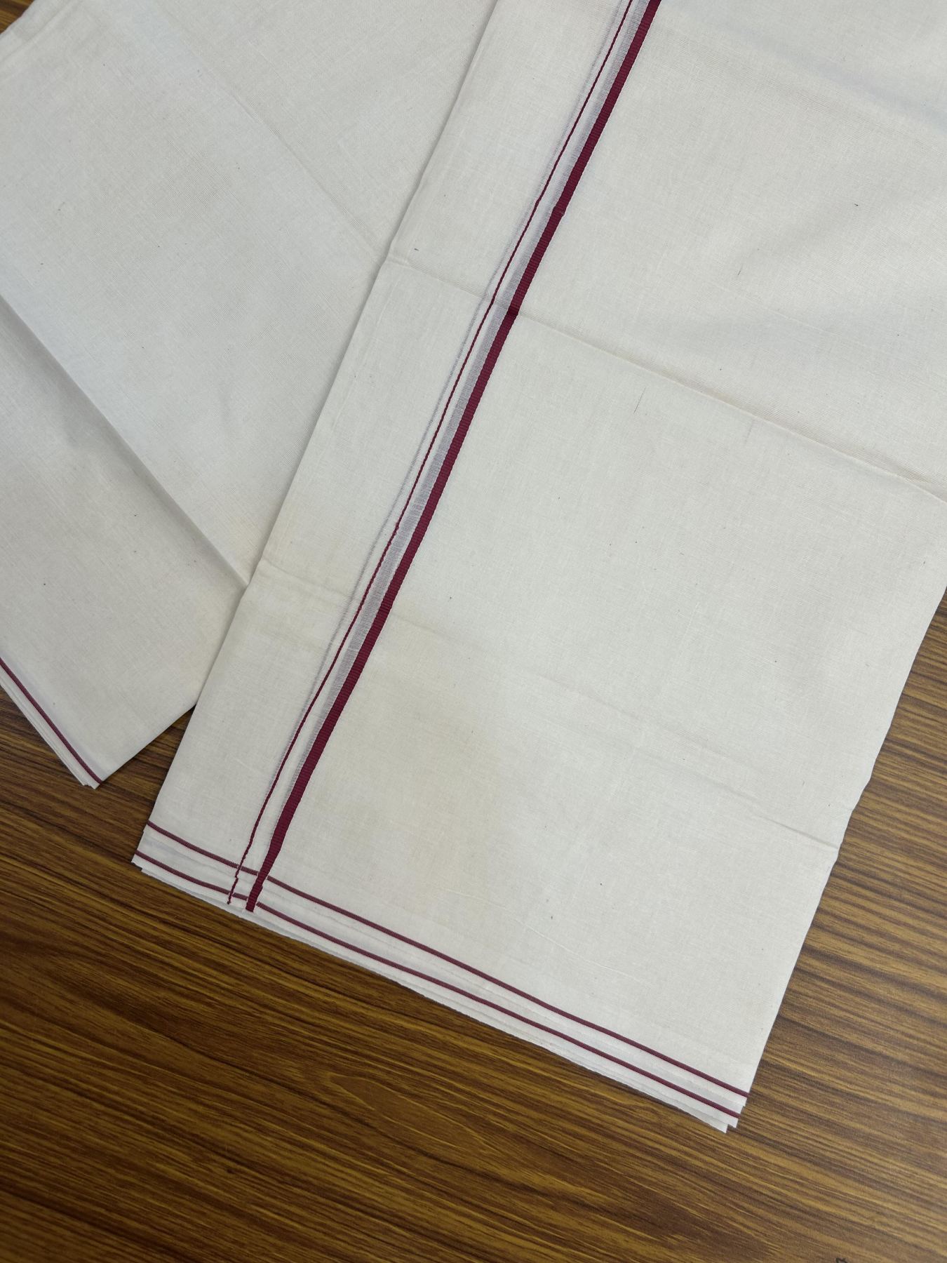 20% Discount! KaithariKada Balaramapuram 100% Cotton Double Off white - (Unbleached) - Mundu/Dhoti - 100x80 - 0.3 cm Maroon Pink Thin Kara 4 mtr (8.5 muzham) - 30 KK5357 VAS