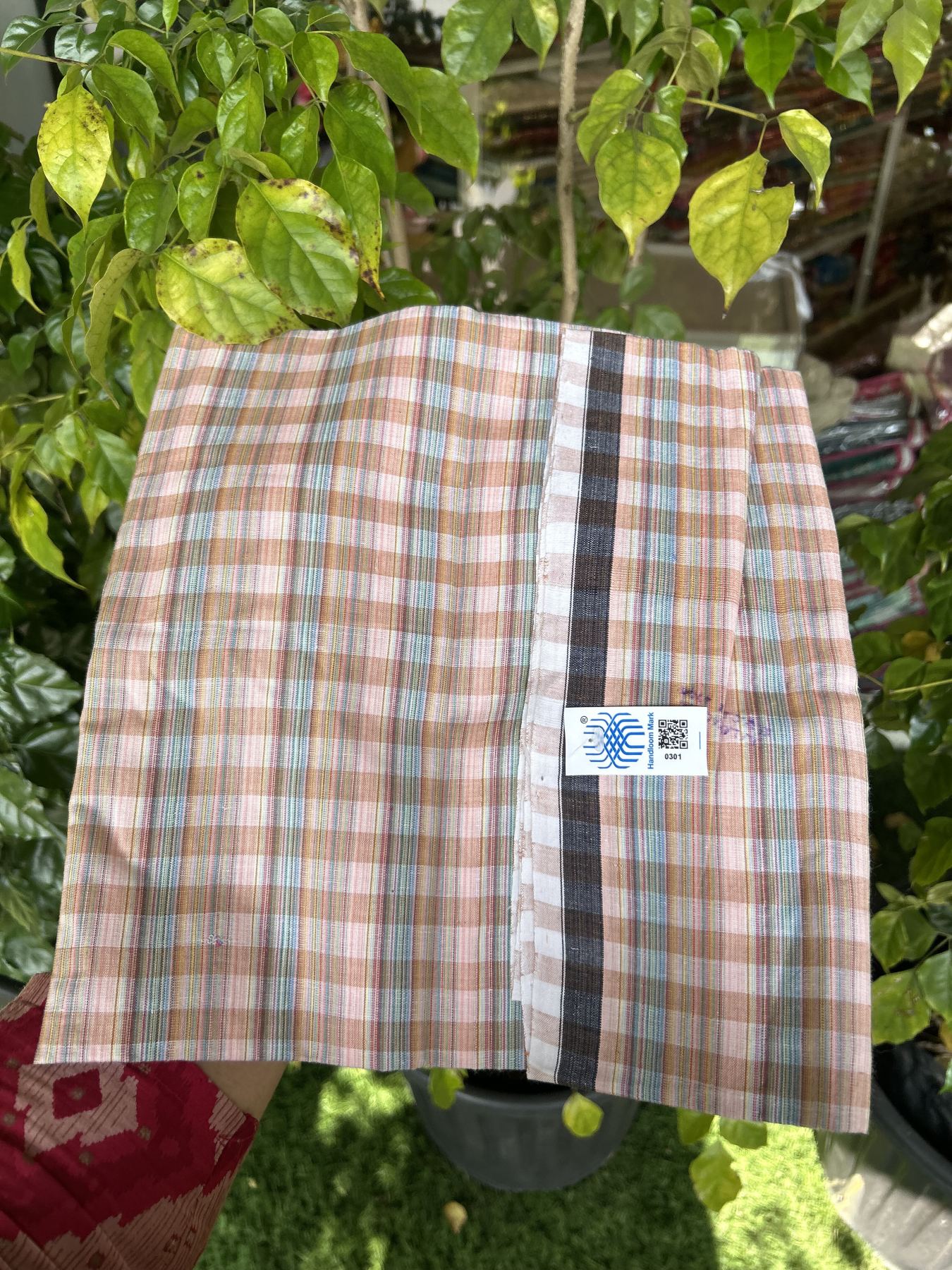 Kerala Handloom - Signature Kaitharikada - 100% Pure Cotton - 2/60X40s Twisted Thread - Handloom Single Mundu/Dhoti - Light Peach & Multi colour Check Body  - Above 2 mtr - 66 KK8046 KAL