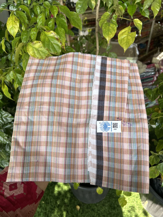 Kerala Handloom - Signature Kaitharikada - Government Sealed Hallmarked - 100% Pure Cotton - 2/60X40s Twisted Thread - Handloom Single Mundu/Dhoti - Light Peach & Multi colour Check Body  - Above 2 mtr - 66 KK8046 KAL