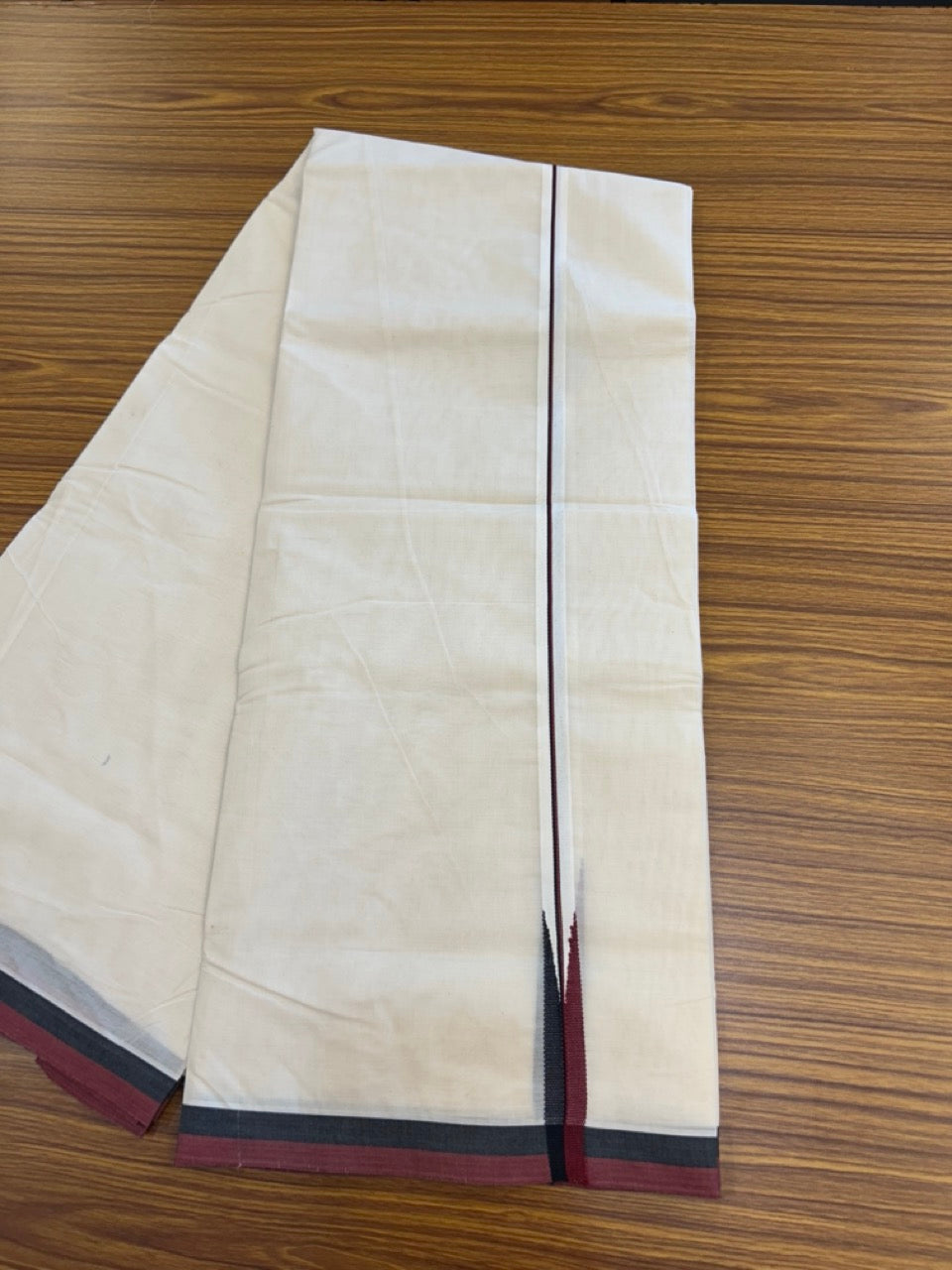 DMK Veshti - 20% DISCOUNT! KaithariKada 100% Cotton off white Double - (Unbleached) Mundu/Dhoti - 100X100 - 2 cm Puliyilakkara Black & Maroon chutty 4.50 mtr (10 muzham)- 3 KK5288 ASH
