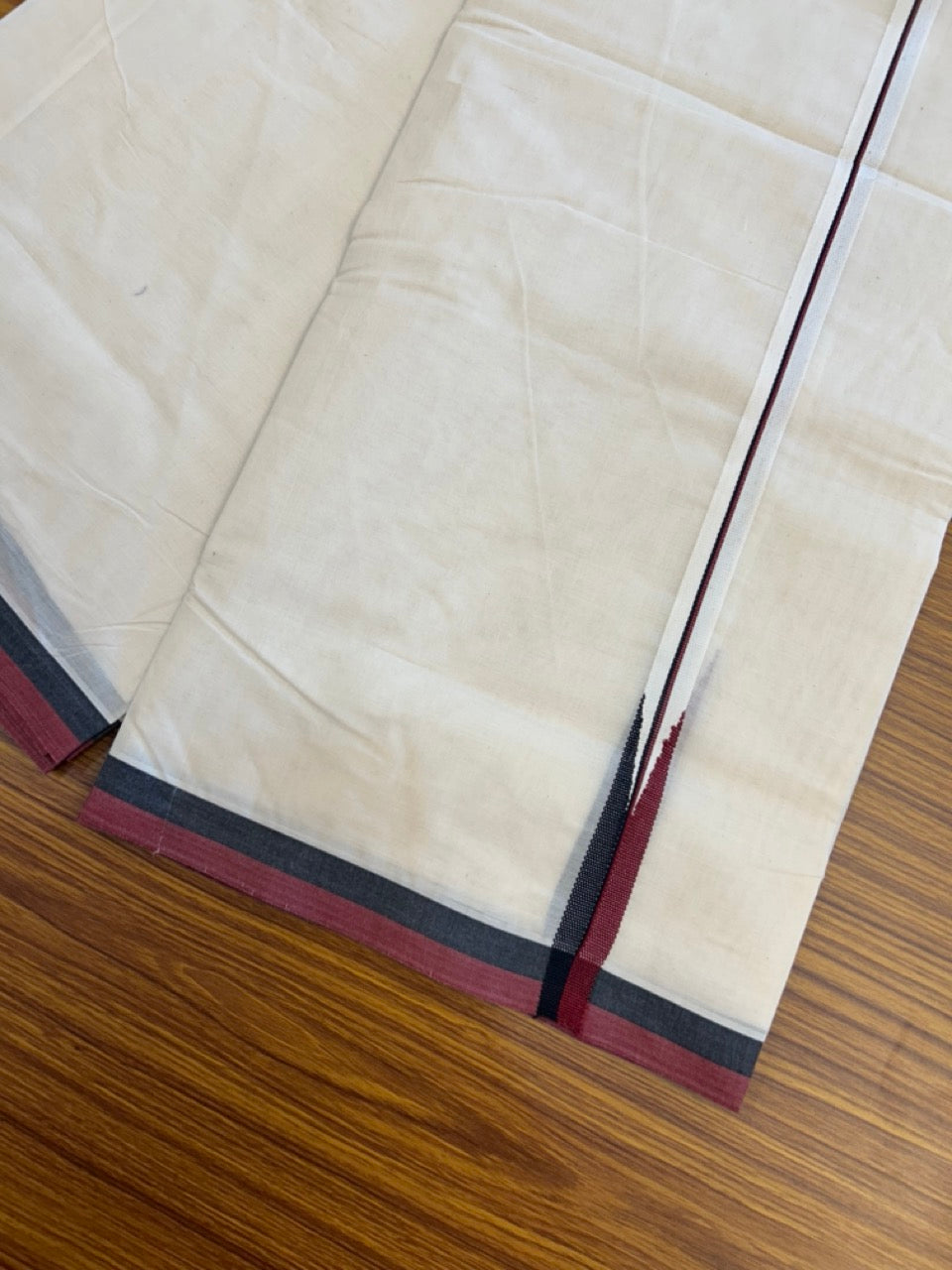 DMK Veshti - 20% DISCOUNT! KaithariKada 100% Cotton off white Double - (Unbleached) Mundu/Dhoti - 100X100 - 2 cm Puliyilakkara Black & Maroon chutty 4.50 mtr (10 muzham)- 3 KK5288 ASH