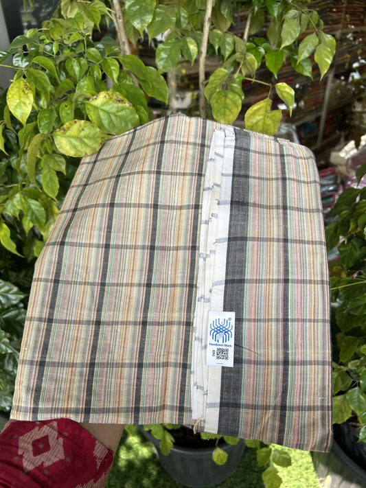 Kerala Handloom - Signature Kaitharikada - Government Sealed Hallmarked - 100% Pure Cotton - 2/60X40s Twisted Thread - Handloom Single Mundu/Dhoti - Multi colour Check Body  - Above 2 mtr - 67 KK8046 KAL