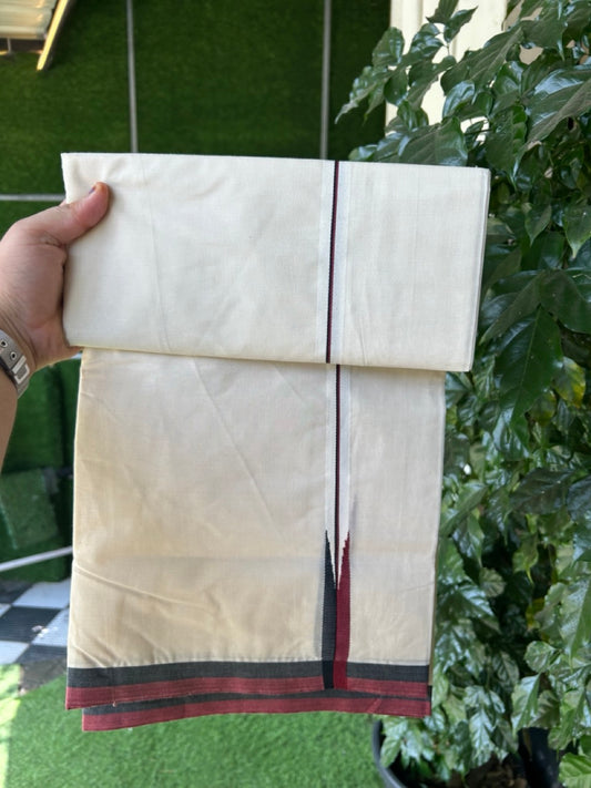 DMK Veshti - 20% DISCOUNT! KaithariKada 100% Cotton off white Double - (Unbleached) Mundu/Dhoti - 100X100 - 2 cm Puliyilakkara Black & Maroon chutty 4.50 mtr (10 muzham)- 3 KK5288 ASH