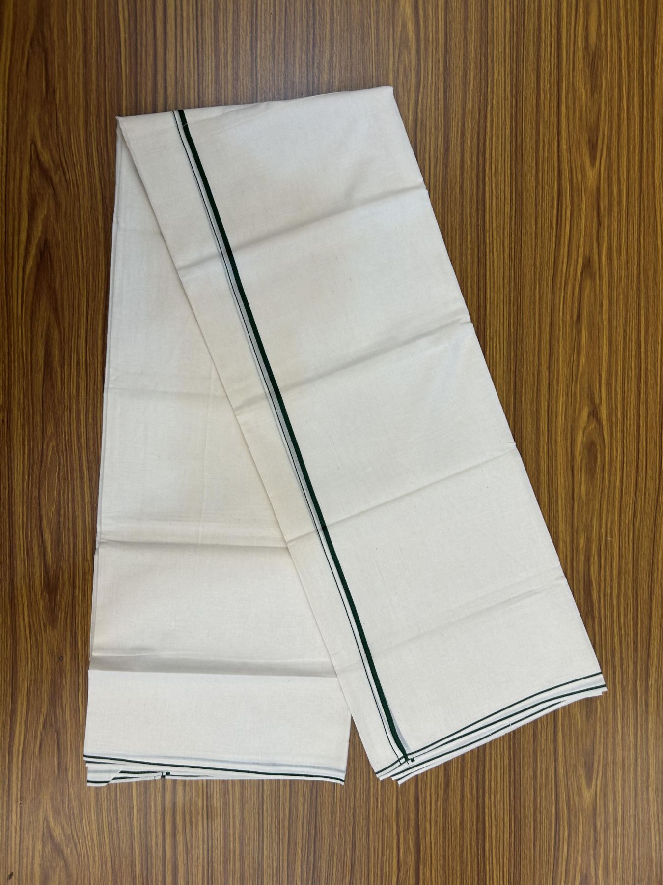 20% Discount! KaithariKada Balaramapuram 100% Cotton Double Off white - (Unbleached) - Mundu/Dhoti - 100x80 - 0.3 cm Dark Green Thin Kara 4 mtr (8.5 muzham) - 58 KK5357 VAS