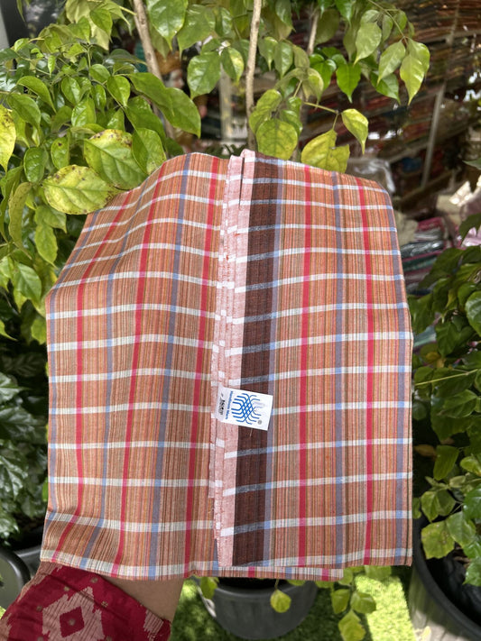 Kerala Handloom - Signature Kaitharikada - Government Sealed Hallmarked - 100% Pure Cotton - 2/60X40s Twisted Thread - Handloom Single Mundu/Dhoti - Brick Orange & Multi colour check Body  - 2.48 mtr - 69 KK8046 KAL