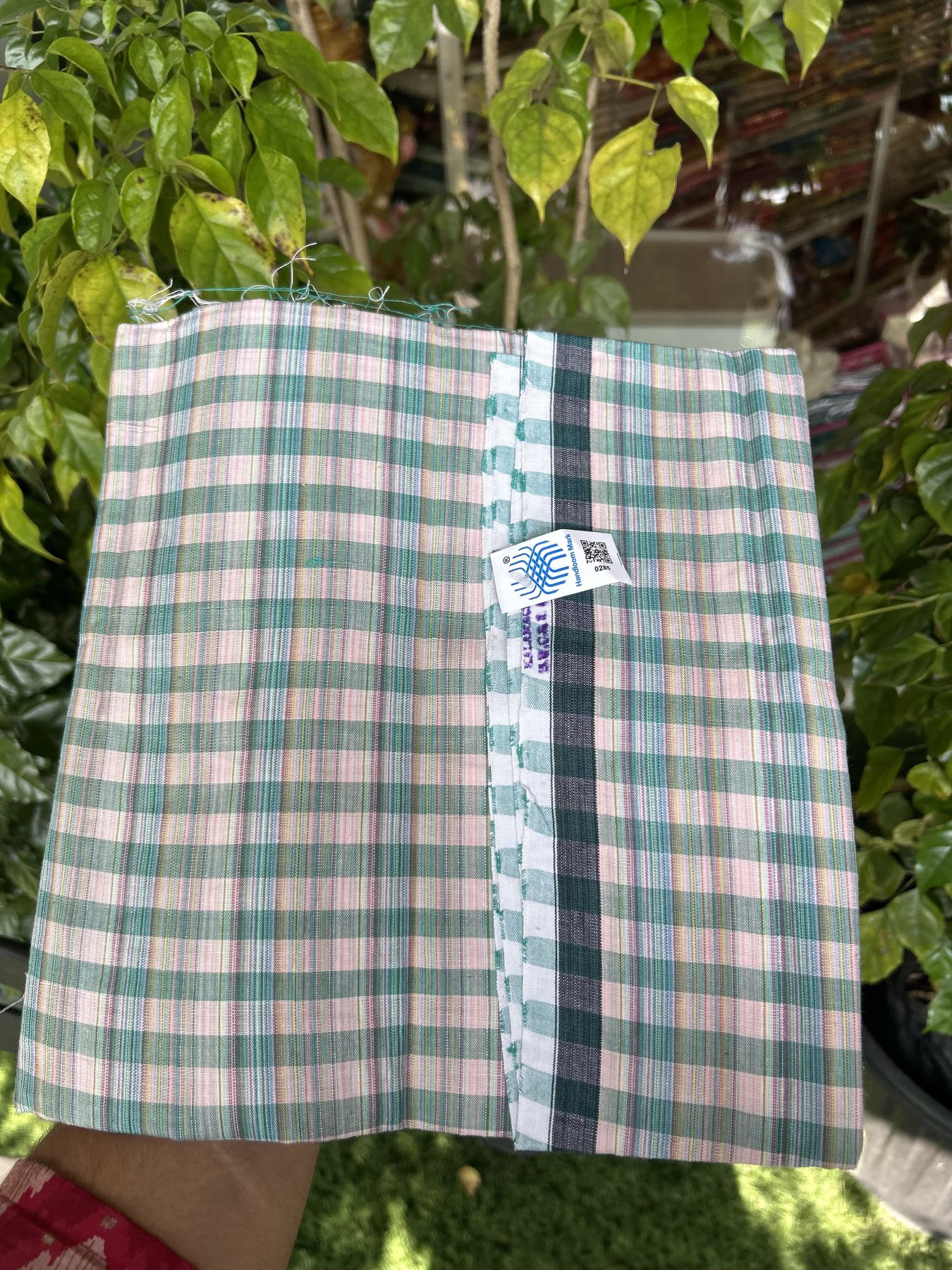 Kerala Handloom - Signature Kaitharikada - Government Sealed Hallmarked - 100% Pure Cotton - 2/60X40s Twisted Thread - Handloom Single Mundu/Dhoti - Green & Light Peach Check Body  - Above 2 mtr - 65 KK8046 KAL