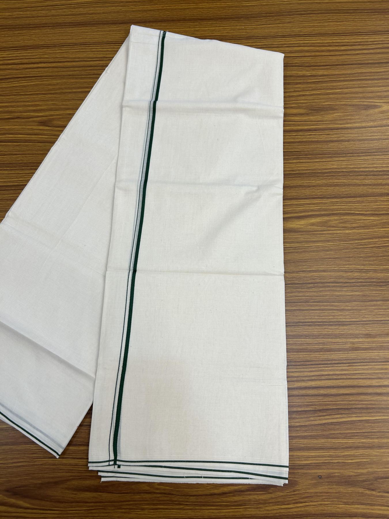 20% Discount! KaithariKada Balaramapuram 100% Cotton Double Off white - (Unbleached) - Mundu/Dhoti - 100x80 - 0.3 cm Dark Green Thin Kara 4 mtr (8.5 muzham) - 58 KK5357 VAS