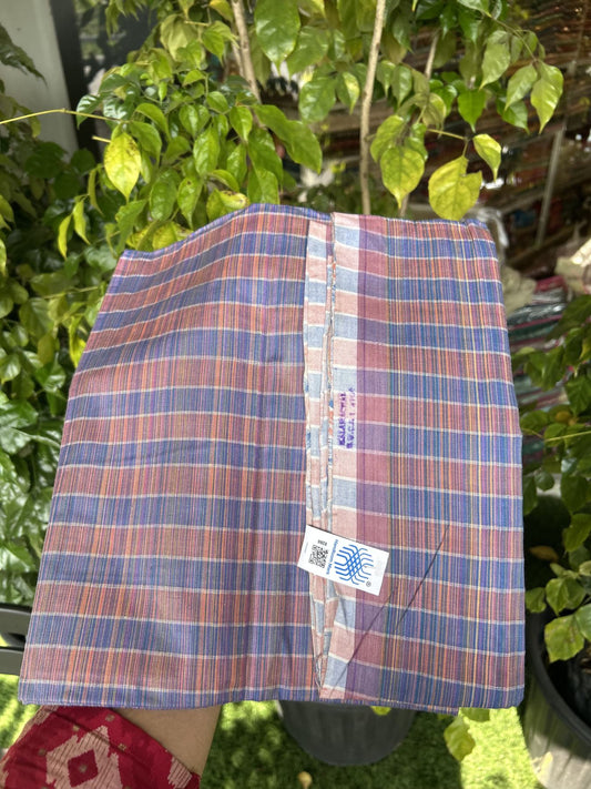 Kerala Handloom - Signature Kaitharikada - Government Sealed Hallmarked - 100% Pure Cotton - 2/60X40s Twisted Thread - Handloom Single Mundu/Dhoti - Blue & Multi colour check Body  - 2.36 mtr - 70 KK8046 KAL