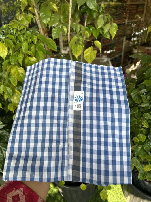 Kerala Handloom - Signature Kaitharikada - Government Sealed Hallmarked - 100% Pure Cotton - 2/60X40s Twisted Thread - Handloom Single Mundu/Dhoti - Blue Check Body  - 2.10 mtr - 53 KK8046 KAL