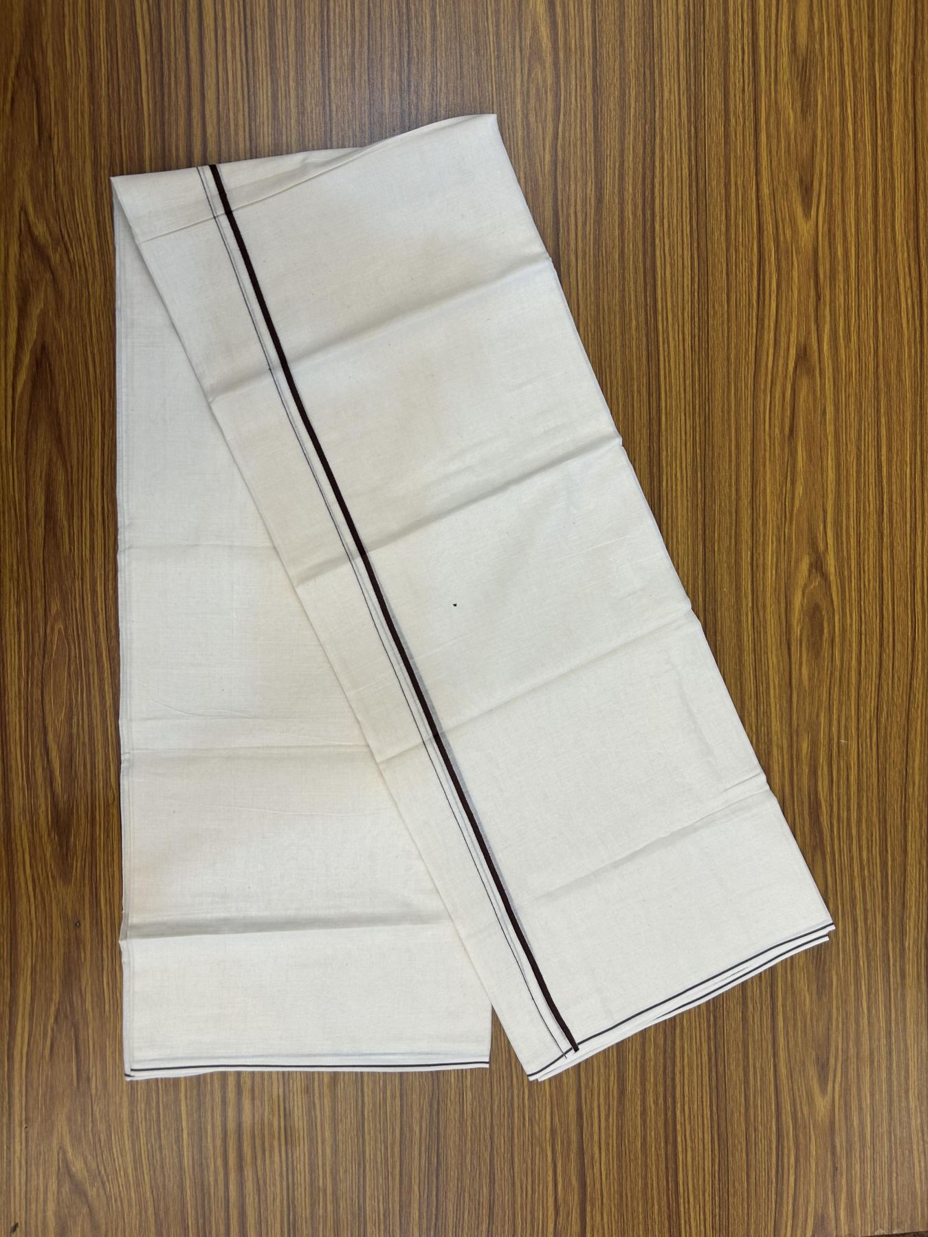 20% Discount! KaithariKada Balaramapuram 100% Cotton Double Off white - (Unbleached) - Mundu/Dhoti - 100x80 - 0.3 cm Chocolate Brown Thin Kara 4 mtr (8.5 muzham) - 31 KK5357 VAS