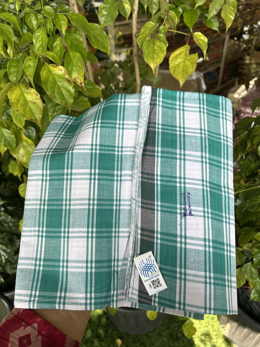 Kerala Handloom - Signature Kaitharikada - Government Sealed Hallmarked - 100% Pure Cotton - 2/60X40s Twisted Thread - Handloom Single Mundu/Dhoti - Green Check Body  - Above 2 mtr - 50 KK8046 KAL