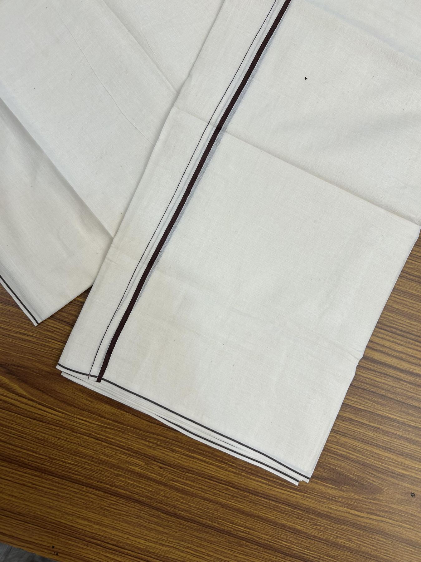 20% Discount! KaithariKada Balaramapuram 100% Cotton Double Off white - (Unbleached) - Mundu/Dhoti - 100x80 - 0.3 cm Chocolate Brown Thin Kara 4 mtr (8.5 muzham) - 31 KK5357 VAS