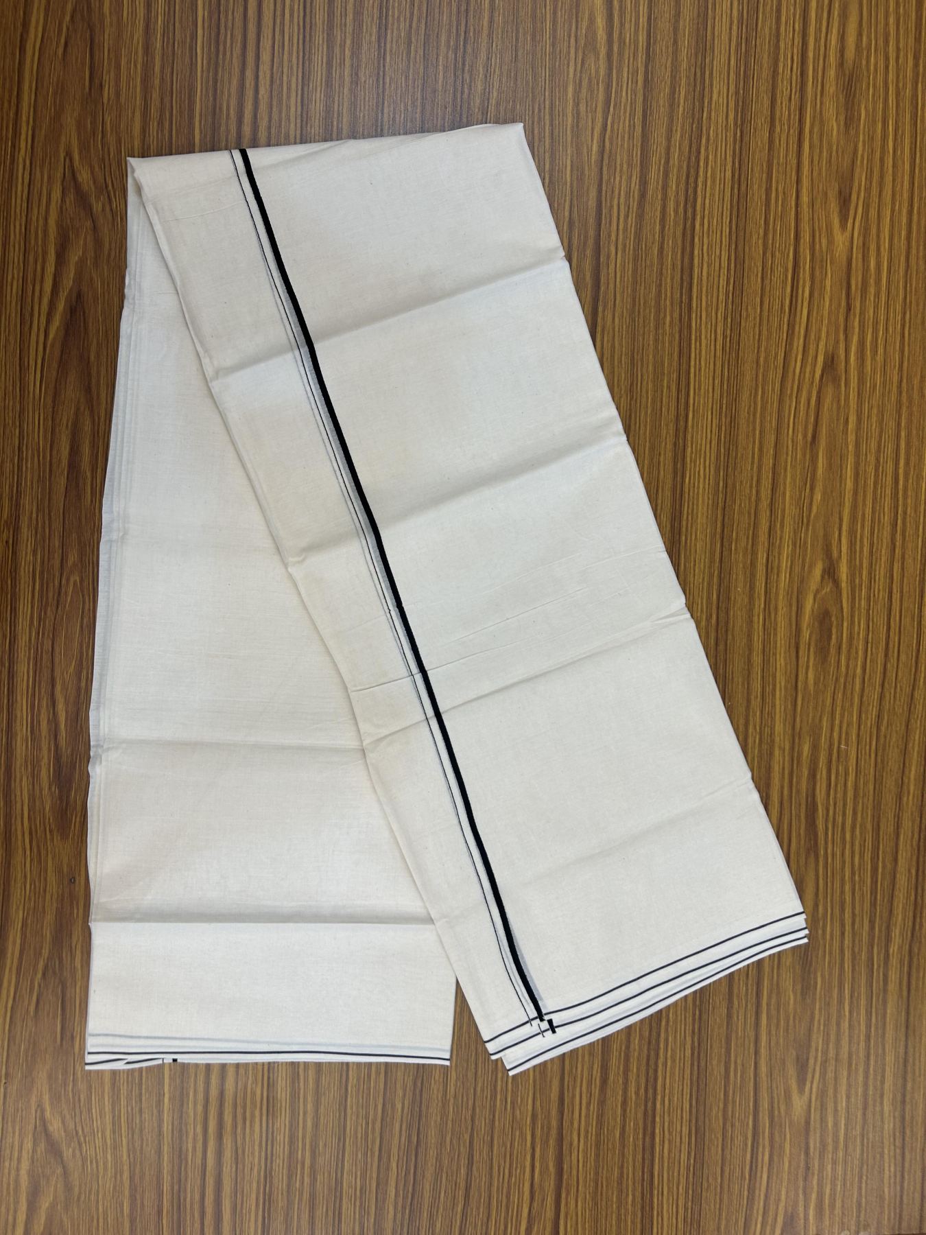 20% Discount! KaithariKada Balaramapuram 100% Cotton Double Off white - (Unbleached) - Mundu/Dhoti - 100x80 - 0.3 cm Black Thin Kara 4 mtr (8.5 muzham) - 33 KK5357 VAS