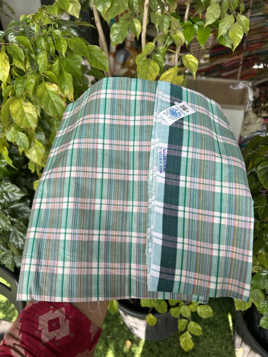 Kerala Handloom - Signature Kaitharikada - Government Sealed Hallmarked - 100% Pure Cotton - 2/60X40s Twisted Thread - Handloom Single Mundu/Dhoti - Green & Dark Pink Check Body  - 2.36 mtr - 59 KK8046 KAL
