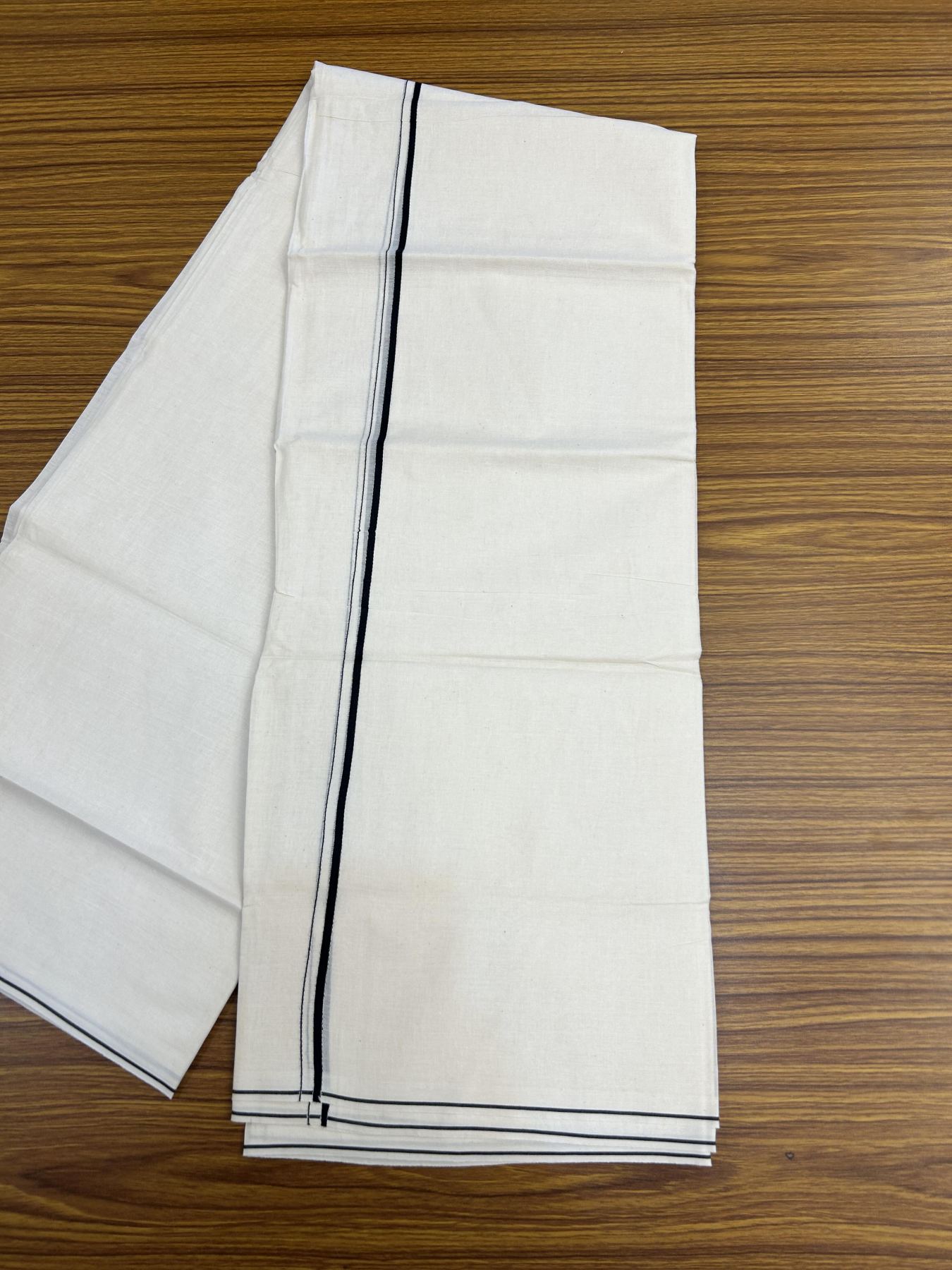 20% Discount! KaithariKada Balaramapuram 100% Cotton Double Off white - (Unbleached) - Mundu/Dhoti - 100x80 - 0.3 cm Black Thin Kara 4 mtr (8.5 muzham) - 33 KK5357 VAS
