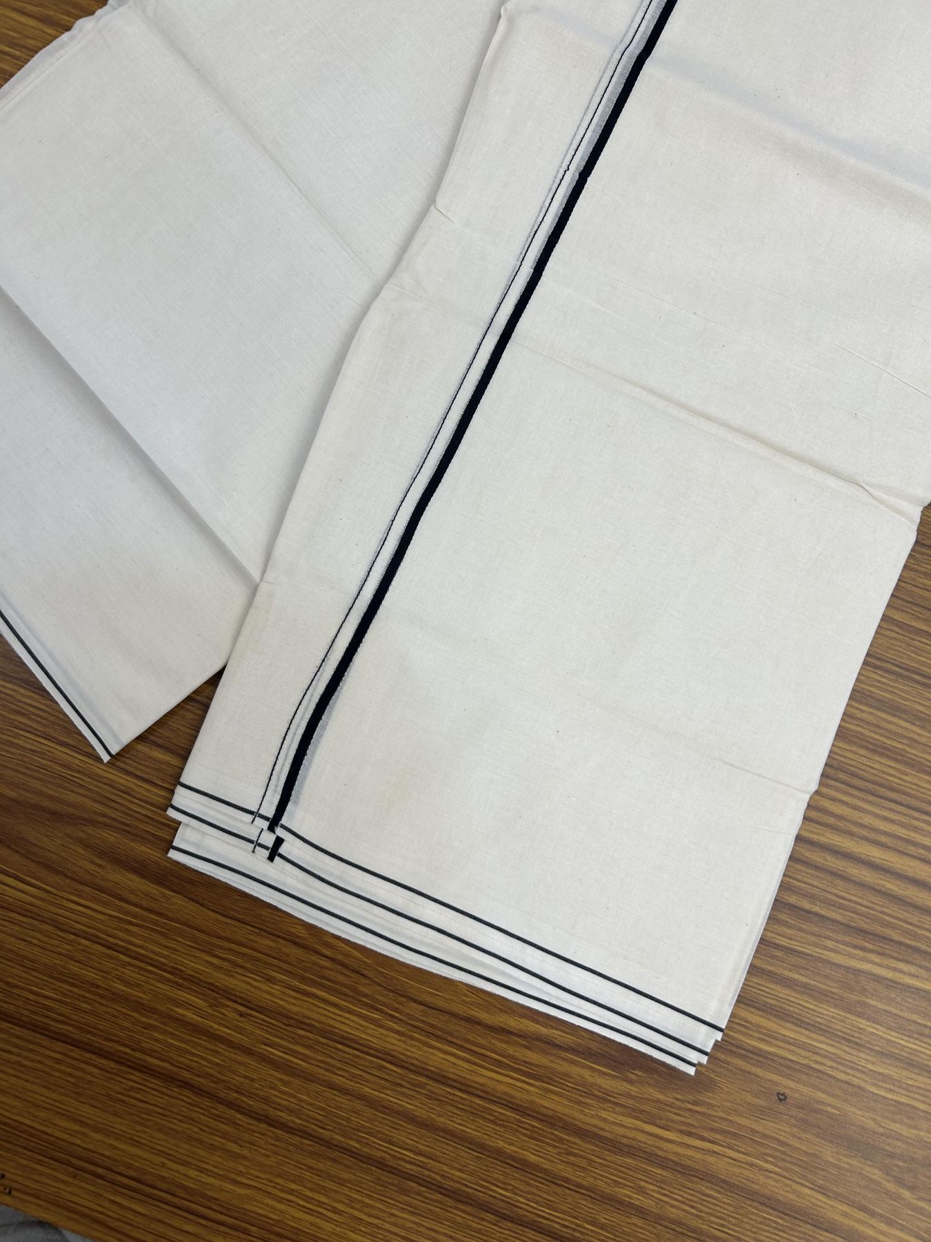 20% Discount! KaithariKada Balaramapuram 100% Cotton Double Off white - (Unbleached) - Mundu/Dhoti - 100x80 - 0.3 cm Black Thin Kara 4 mtr (8.5 muzham) - 33 KK5357 VAS
