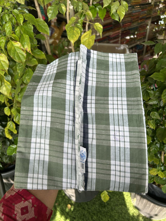 Kerala Handloom - Signature Kaitharikada - Government Sealed Hallmarked - 100% Pure Cotton - 2/60X40s Twisted Thread - Handloom Single Mundu/Dhoti - Olive Green Check Body  - 2.40 mtr - 56 KK8046 KAL