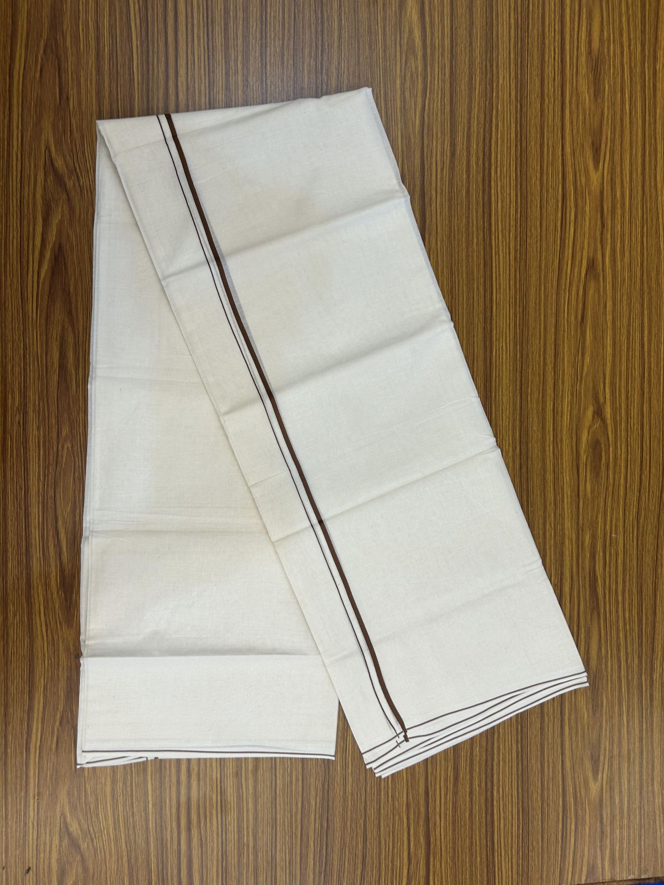 20% Discount! KaithariKada Balaramapuram 100% Cotton Double Off white - (Unbleached) - Mundu/Dhoti - 100x80 - 0.3 cm Brown Thin Kara 4 mtr (8.5 muzham) - 32 KK5357 VAS