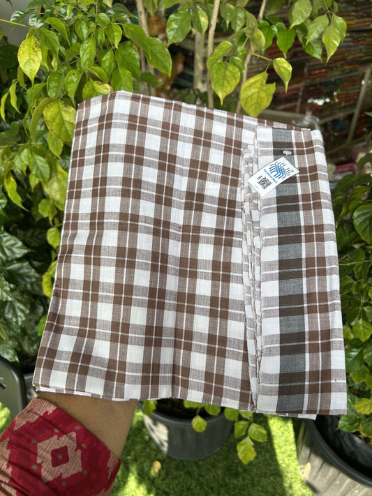 Kerala Handloom - Signature Kaitharikada - Government Sealed Hallmarked - 100% Pure Cotton - 2/60X40s Twisted Thread - Handloom Single Mundu/Dhoti - Brown Check Body  - 2.20 mtr - 51 KK8046 KAL