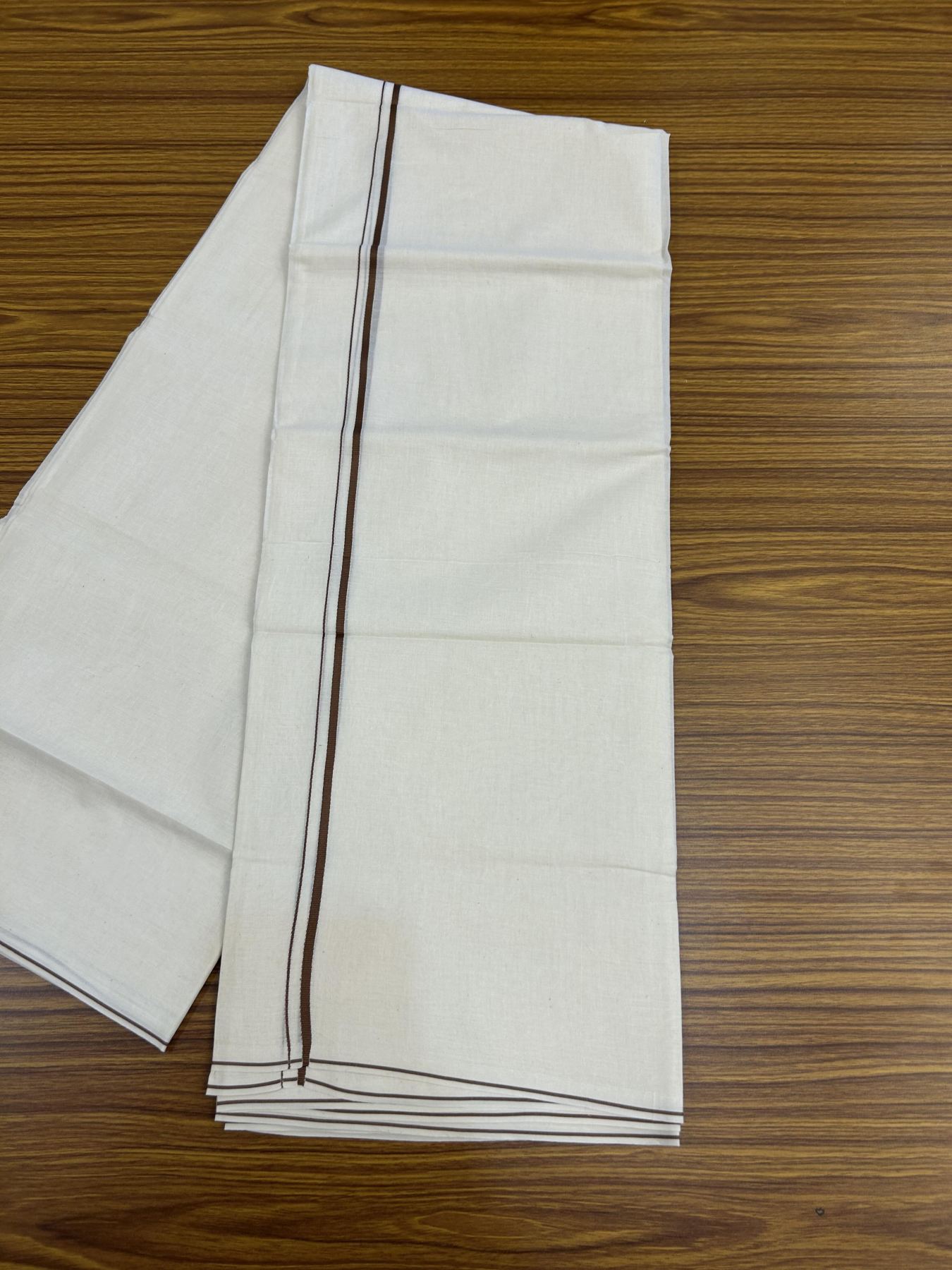 20% Discount! KaithariKada Balaramapuram 100% Cotton Double Off white - (Unbleached) - Mundu/Dhoti - 100x80 - 0.3 cm Brown Thin Kara 4 mtr (8.5 muzham) - 32 KK5357 VAS