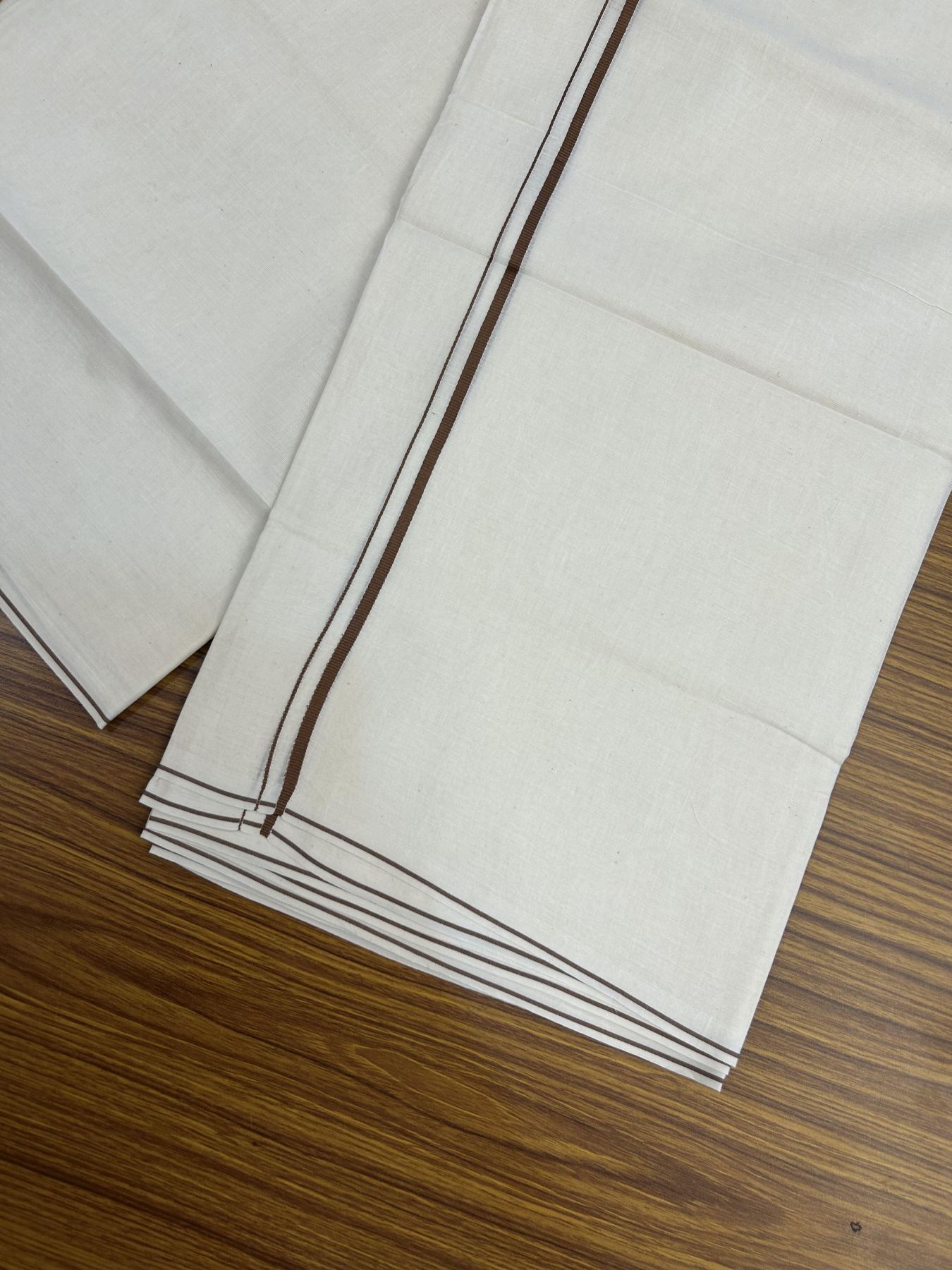20% Discount! KaithariKada Balaramapuram 100% Cotton Double Off white - (Unbleached) - Mundu/Dhoti - 100x80 - 0.3 cm Brown Thin Kara 4 mtr (8.5 muzham) - 32 KK5357 VAS