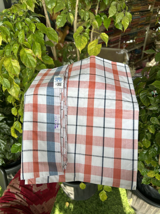 Kerala Handloom - Signature Kaitharikada - Government Sealed Hallmarked - 100% Pure Cotton - 2/60X40s Twisted Thread - Handloom Single Mundu/Dhoti - Brick Orange & Navy blue check Body  - 2.62 mtr - 62 KK8046 KAL