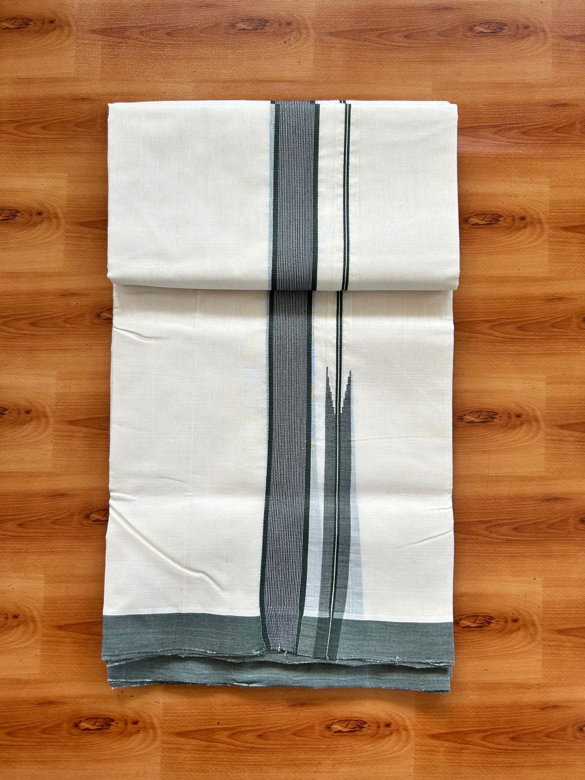 Double Off White (Unbleached) Mundu/Dhoti - 25% Discount!! KaithariKada Handloom Unakkupaav - 100% Pure Cotton - 100x80 - 1.25 inch Dark Sage Green & Black Stripes Chutty Kara 3.80 mtr (8 muzham) - 14 KK5498 REA