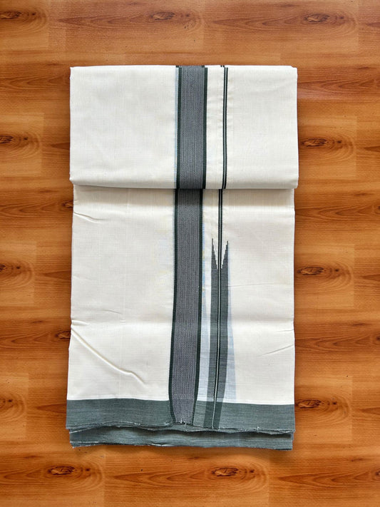 Double Off White (Unbleached) Mundu/Dhoti - 25% Discount!! KaithariKada Handloom Unakkupaav - 100% Pure Cotton - 100x80 - 1.25 inch Dark Sage Green & Black Stripes Chutty Kara 3.80 mtr (8 muzham) - 14 KK5498 REA