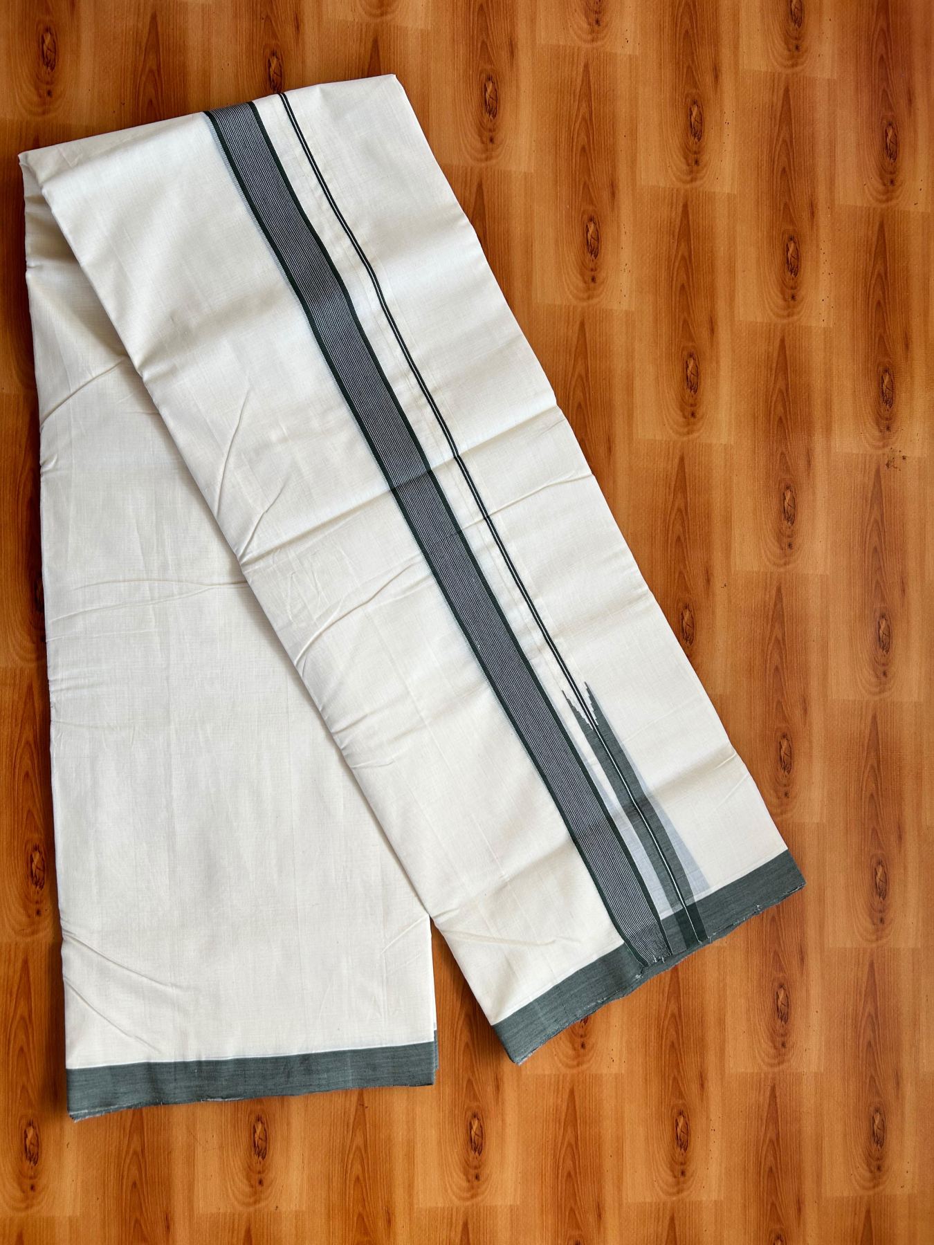 Double Off White (Unbleached) Mundu/Dhoti - 25% Discount!! KaithariKada Handloom Unakkupaav - 100% Pure Cotton - 100x80 - 1.25 inch Dark Sage Green & Black Stripes Chutty Kara 3.80 mtr (8 muzham) - 14 KK5498 REA