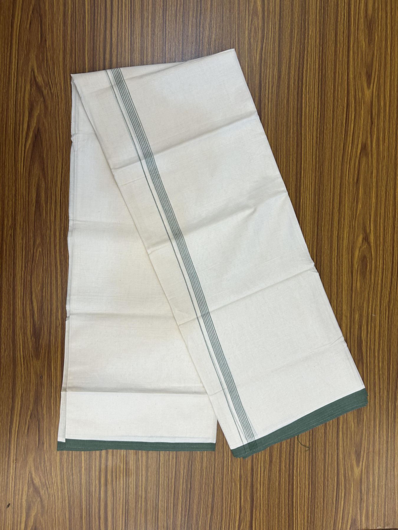 20% Discount! KaithariKada Balaramapuram 100% Cotton Double Off white - (Unbleached) - Mundu/Dhoti - 100x80 - 1.5 cm Green Thin Striped Kara 4 mtr (8.5 muzham) - 48 KK5357 VAS