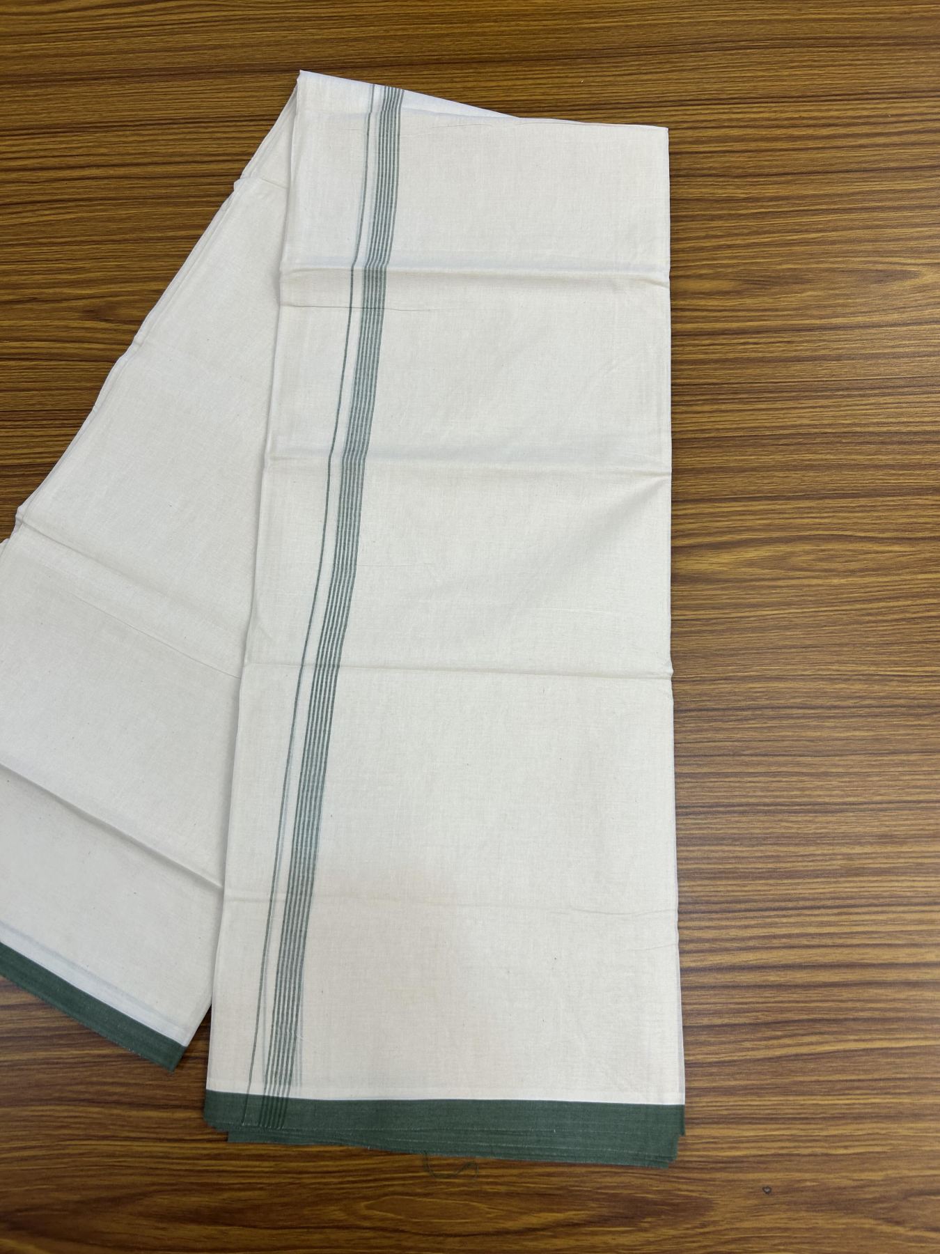 20% Discount! KaithariKada Balaramapuram 100% Cotton Double Off white - (Unbleached) - Mundu/Dhoti - 100x80 - 1.5 cm Green Thin Striped Kara 4 mtr (8.5 muzham) - 48 KK5357 VAS