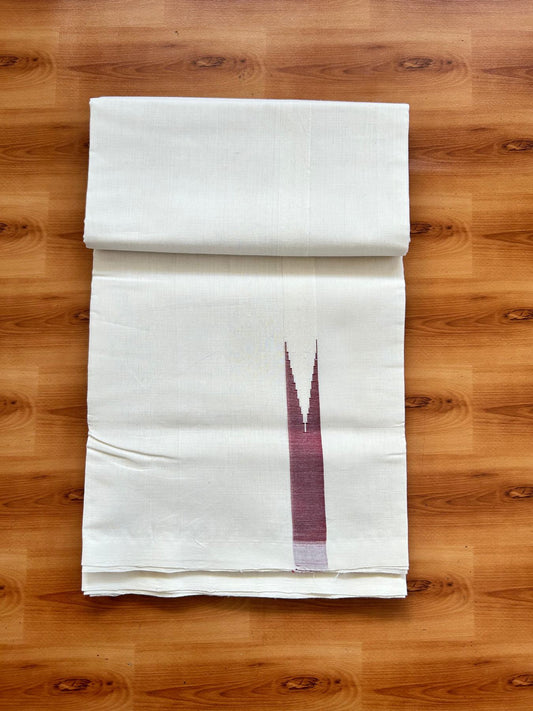 Double Off White (Unbleached) Mundu/Dhoti - 25% Discount!! KaithariKada Handloom Unakkupaav - 100% Pure Cotton - 100x80 - 1 inch Puliyilakkara Reddish Maroon Chutty 4 meter (8.5 muzham) - 26 KK5498 REA