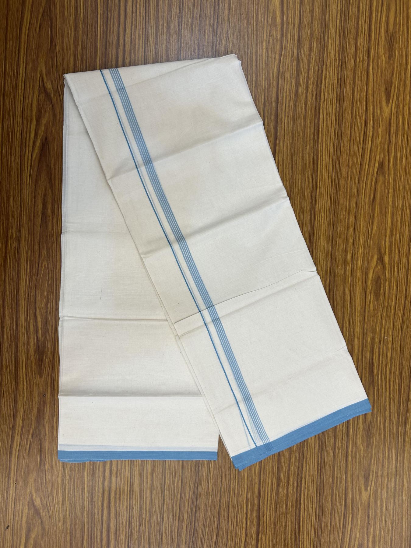 20% Discount! KaithariKada Balaramapuram 100% Cotton Double Off white - (Unbleached) - Mundu/Dhoti - 100x80 - 1.5 cm Light Blue Thin Striped Kara 4 mtr (8.5 muzham) - 49 KK5357 VAS