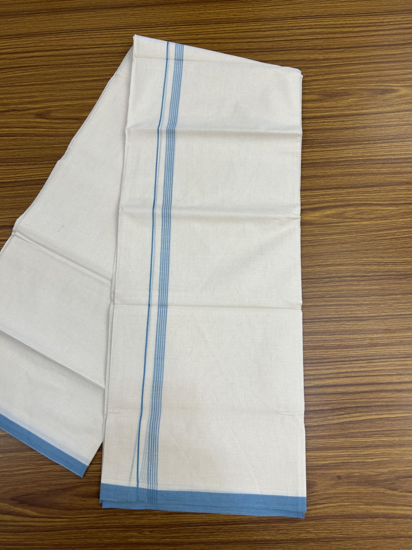 20% Discount! KaithariKada Balaramapuram 100% Cotton Double Off white - (Unbleached) - Mundu/Dhoti - 100x80 - 1.5 cm Light Blue Thin Striped Kara 4 mtr (8.5 muzham) - 49 KK5357 VAS