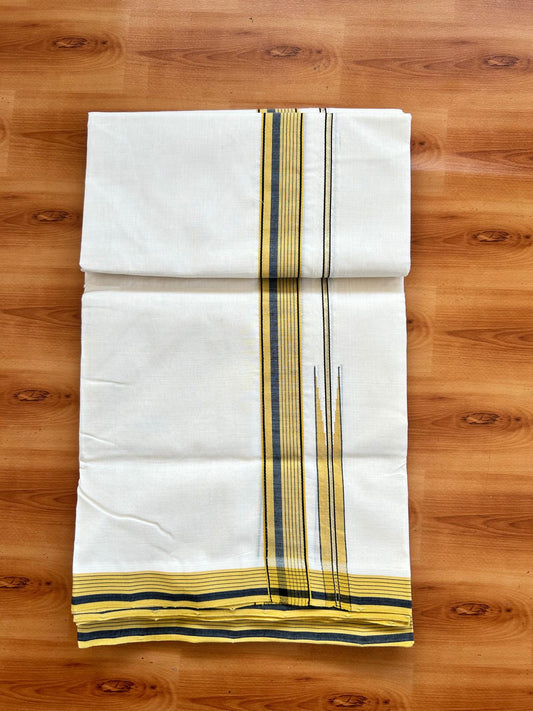 Double Off White (Unbleached) Mundu/Dhoti - 25% Discount!! KaithariKada Handloom Unakkupaav - Kerala Handloom - 100% Pure Cotton - 100x80 - 1.25 inch Pure Jerry Gold Kasav Mustard Yellow & Black Stripes Chutty Kara 3.80 mtr (8 muzham) - 11 KK5498 REA