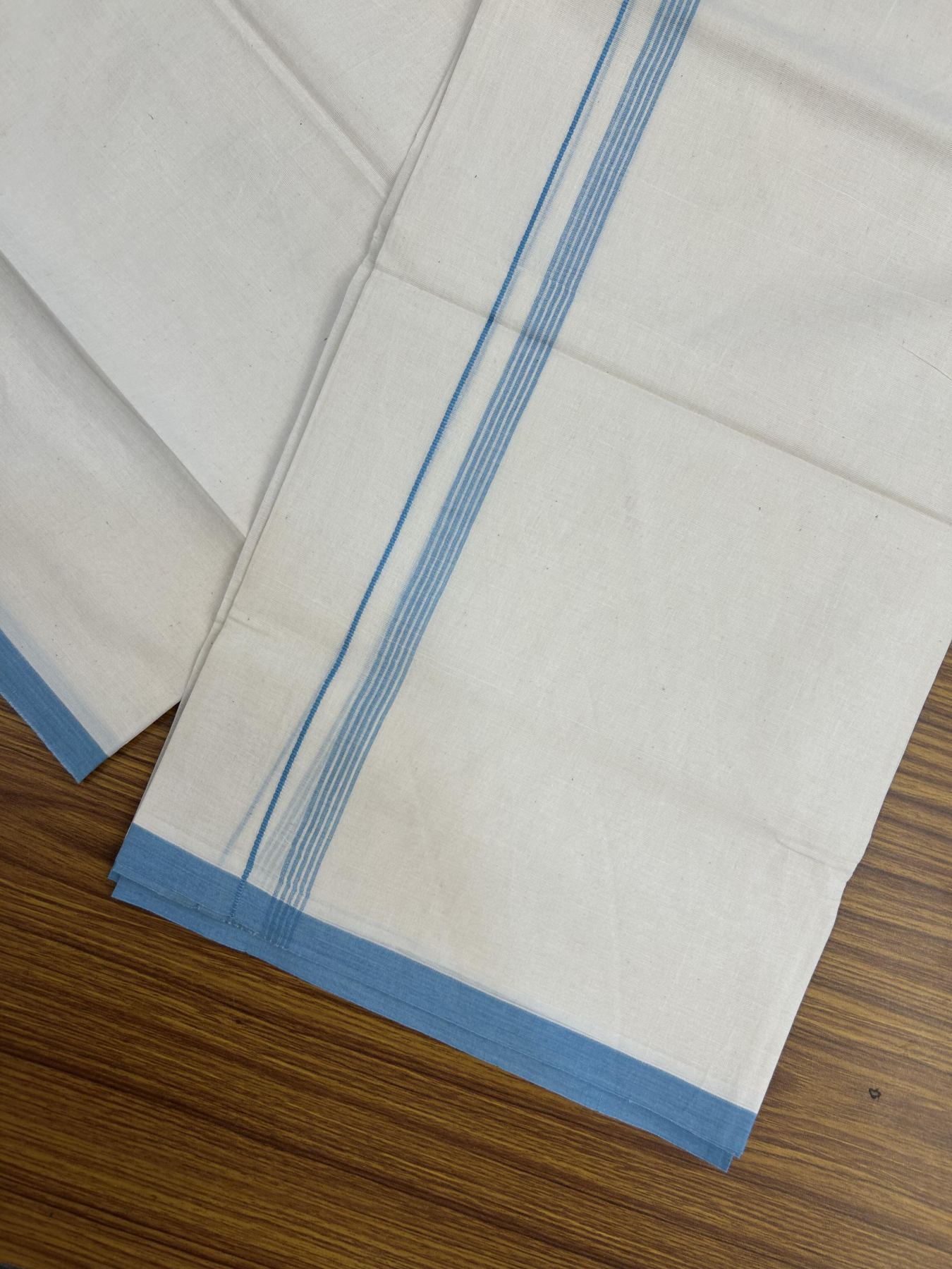 20% Discount! KaithariKada Balaramapuram 100% Cotton Double Off white - (Unbleached) - Mundu/Dhoti - 100x80 - 1.5 cm Light Blue Thin Striped Kara 4 mtr (8.5 muzham) - 49 KK5357 VAS