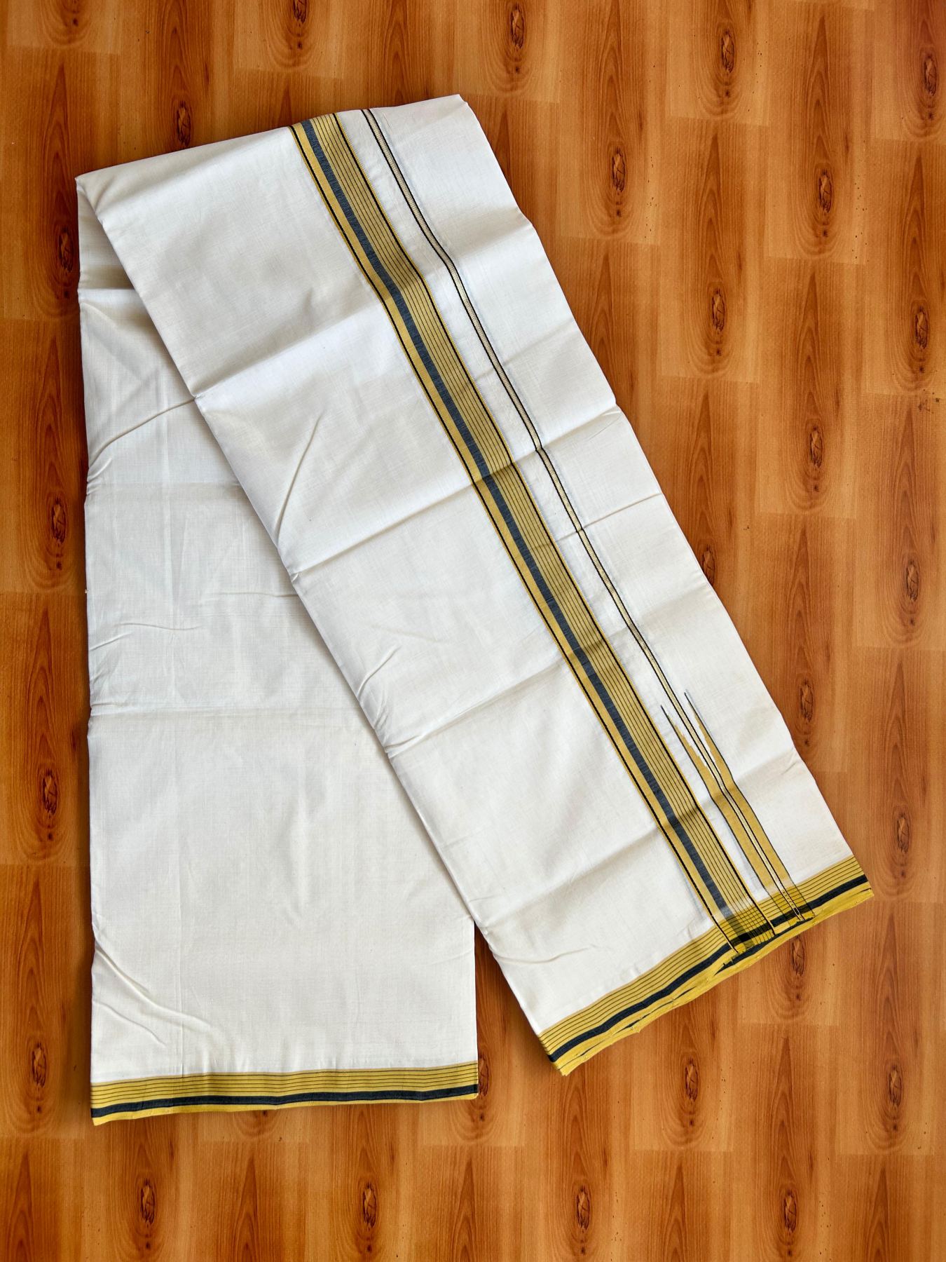 Double Off White (Unbleached) Mundu/Dhoti - 25% Discount!! KaithariKada Handloom Unakkupaav - Kerala Handloom - 100% Pure Cotton - 100x80 - 1.25 inch Pure Jerry Gold Kasav Mustard Yellow & Black Stripes Chutty Kara 3.80 mtr (8 muzham) - 11 KK5498 REA