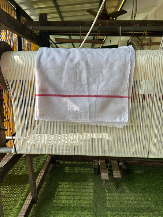 Kaitharikada - Handloom Pure Cotton Kerala Towel - Thorthu - White Body & Red Kara - 2 KK51200 KAL