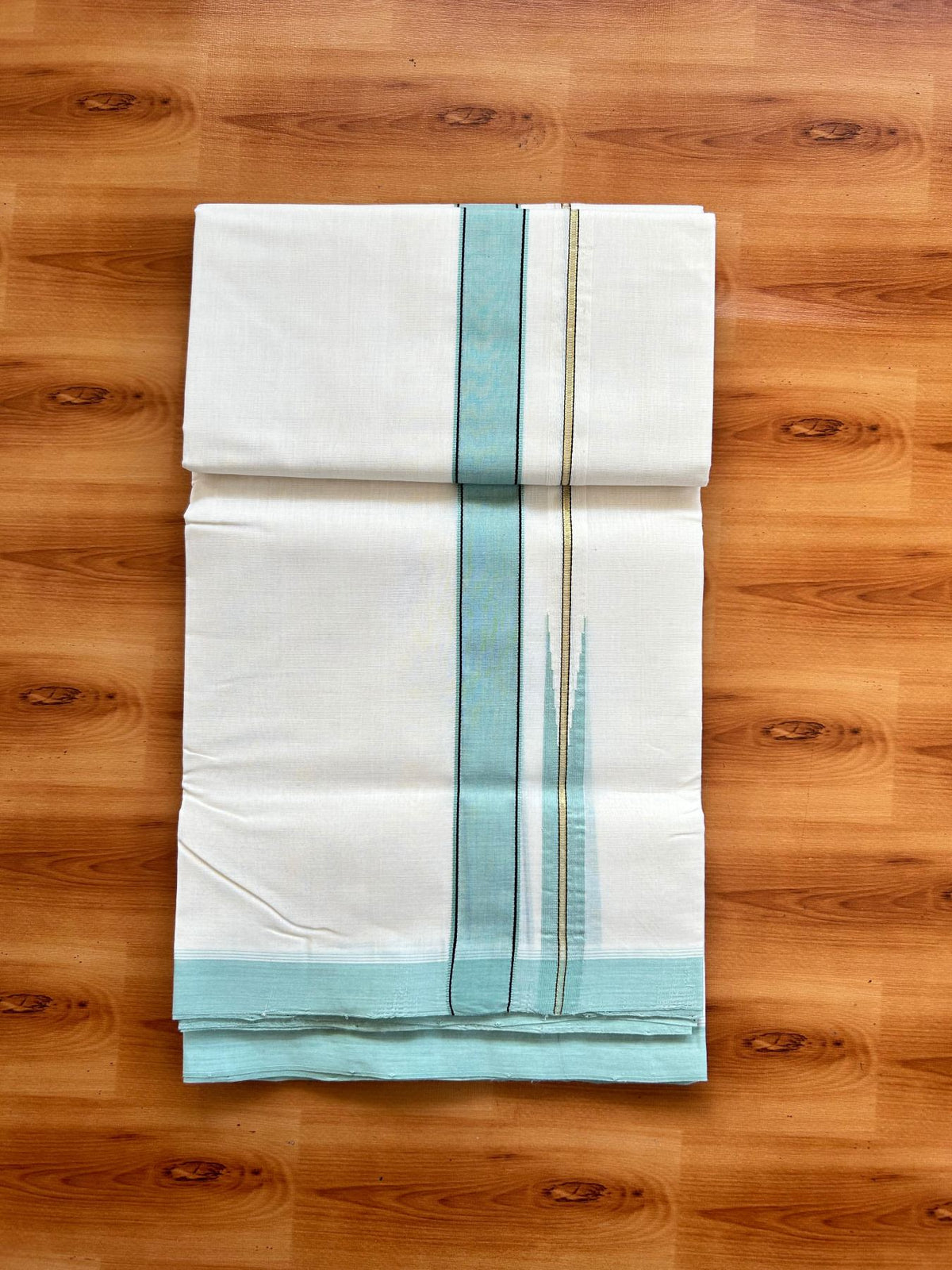 Double Off White (Unbleached) Mundu/Dhoti - 25% Discount!! KaithariKada Handloom Unakkupaav - Kerala Handloom - 100% Pure Cotton - 100x80 - 1.25 inch Pure Jerry Gold Kasav Light Pista & Black Chutty Kara 3.80 mtr (8 muzham) - 10 KK5498 REA