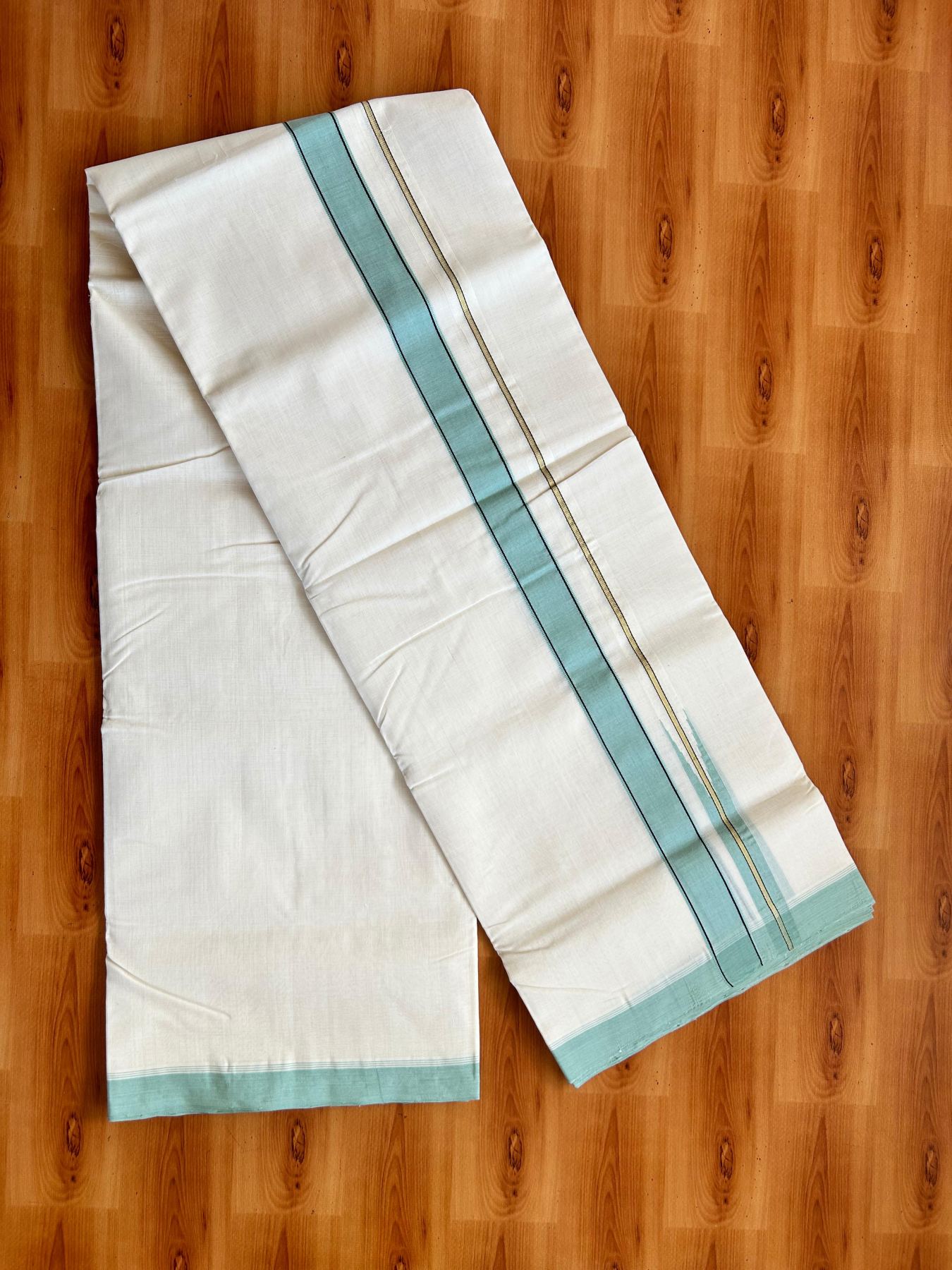 Double Off White (Unbleached) Mundu/Dhoti - 25% Discount!! KaithariKada Handloom Unakkupaav - Kerala Handloom - 100% Pure Cotton - 100x80 - 1.25 inch Pure Jerry Gold Kasav Light Pista & Black Chutty Kara 3.80 mtr (8 muzham) - 10 KK5498 REA