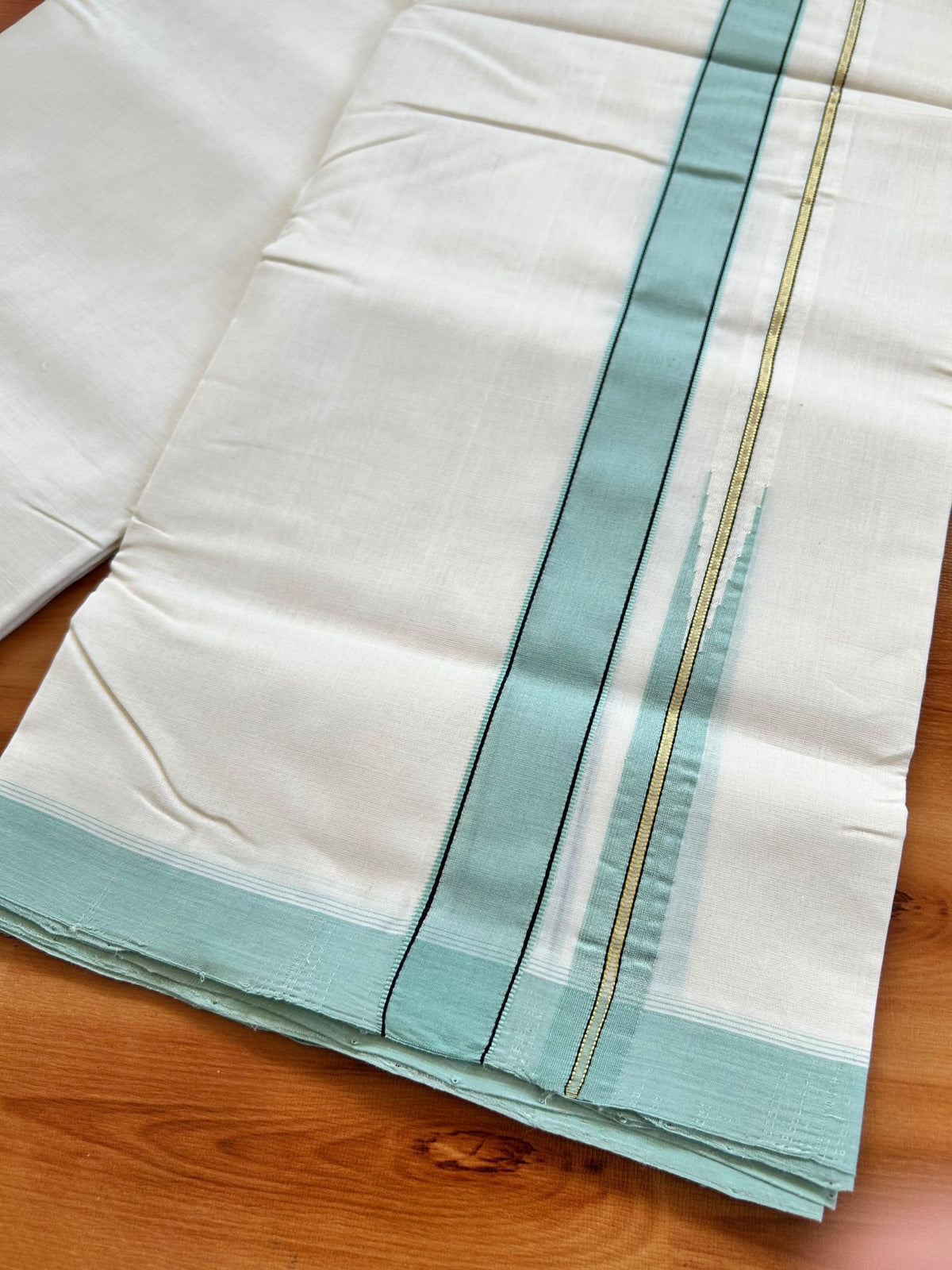 Double Off White (Unbleached) Mundu/Dhoti - 25% Discount!! KaithariKada Handloom Unakkupaav - Kerala Handloom - 100% Pure Cotton - 100x80 - 1.25 inch Pure Jerry Gold Kasav Light Pista & Black Chutty Kara 3.80 mtr (8 muzham) - 10 KK5498 REA