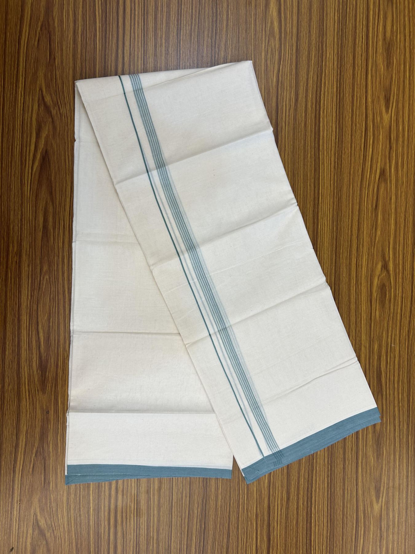 20% Discount! KaithariKada Balaramapuram 100% Cotton Double Off white - (Unbleached) - Mundu/Dhoti - 100x80 - 1.5 cm Teal Blue Thin Striped Kara 4 mtr (8.5 muzham) - 52 KK5357 VAS