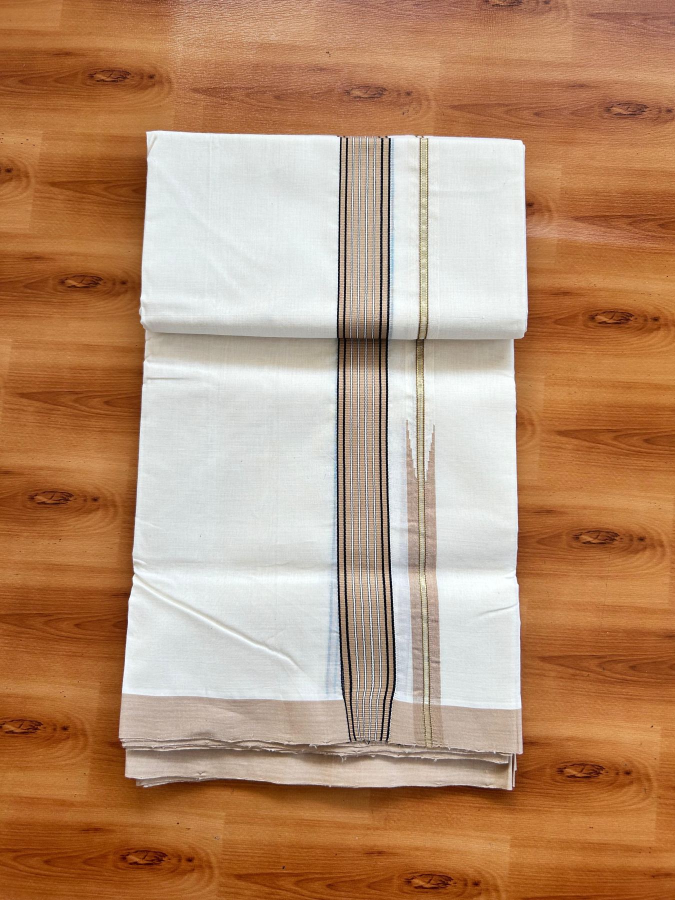 Double Off White (Unbleached) Mundu/Dhoti - 25% Discount!! KaithariKada Handloom Unakkupaav - 100% Pure Cotton - 100x80 - 1.25 inch Pure Jerry Gold Kasav Light Brown & Black Stripes Chutty Kara 3.80 mtr (8 muzham) - 12 KK5498 REA