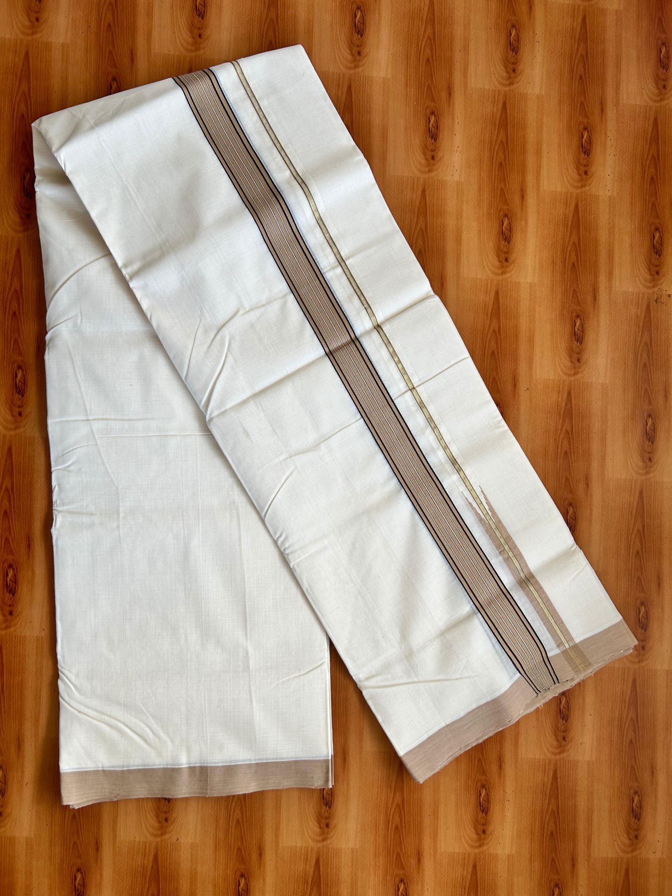 Double Off White (Unbleached) Mundu/Dhoti - 25% Discount!! KaithariKada Handloom Unakkupaav - 100% Pure Cotton - 100x80 - 1.25 inch Pure Jerry Gold Kasav Light Brown & Black Stripes Chutty Kara 3.80 mtr (8 muzham) - 12 KK5498 REA